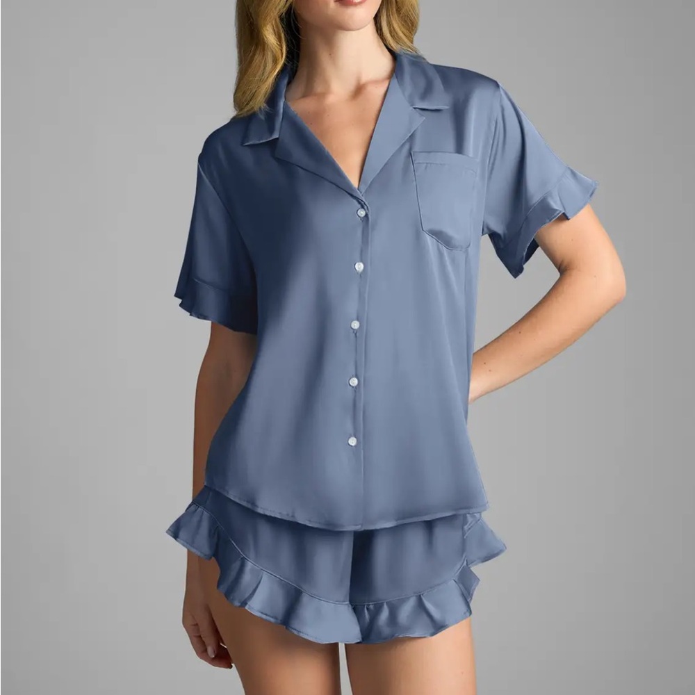 Matching Color Ruffled Short Sleeve Pajama Set in Blue Fog - Picture 2 of 8
